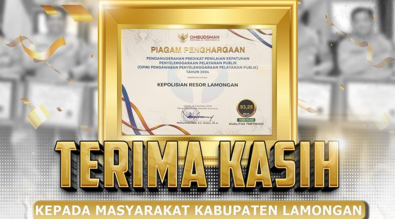 POLRES LAMONGAN KEMBALI RAIH PENGHARGAAN KATEGORI A INOVASI PELAYANAN PUBLIK TAHUN 2024 DARI OMBUSMAN RI